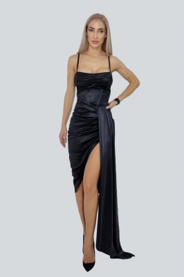 Rochie satinata Valentina, asimetrica, cu fronseuri si bretele subtiri, Negru