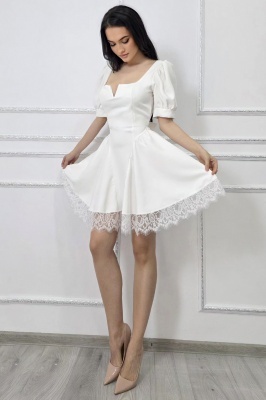 Rochie scurta babydoll Amandine, cu spatele gol si legare funda, Alb, Marime S/M
