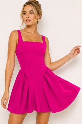 Rochie scurta babydoll MARA, cu spatele gol si funda, Fucsia, Marime S/M/L