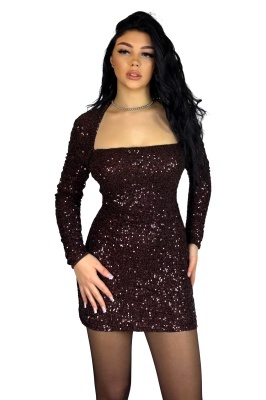 rochie mulata cu paiete si maneci lungi ciocolata