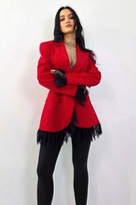Rochie scurta sacou IMPERYA, garnituri din dantela si pietre, Rosu, Marime S/M