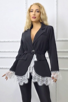 Rochie scurta sacou WALERIA, cu broderie alba din dantela, Negru, Marime S/M