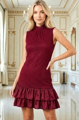 Rochie scurta, satinata IVORIA, cu dantela si guler inalt, Rosu, Marime S/M