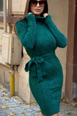 Rochie tricotata Sara, cu guler rulat si maneci lungi, Verde3