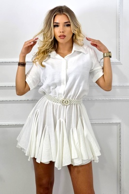 Rochie vascoza cu volane Peony Pearl, tip camasa si curea inclusa, Alb, Marime S/M