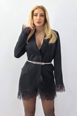 Sacou subtire, lung ELVIA, cu dantela si buzunare decorative, Negru, Marime S/M