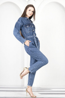 Salopeta denim Meridian, croiala boyfriend si cordon, Albastru  1