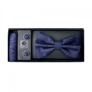 Set 3 piese Mistery, pentru barbati, papion, butoni si batista din stofa, albastru cu imprimeu 3