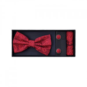 Set 3 piese Mistery, pentru barbati, papion, butoni si batista din stofa, rosu cu imprimeu rosu, MS106