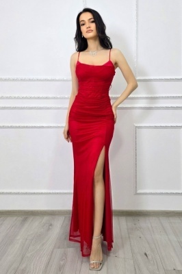 Rochie rosie lunga de ocazie MaryVelle, cu tull si corset, Rosu, Marime universala