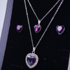Set accesorii Danser a Deux, din inox, cu cercei, sirag cu doua lanturi si pandativ cu pietre, in cutie eleganta, Silver Heart Mov 2
