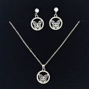 Set accesorii Feeling, din inox, cu cercei forma fluture, lantisor si pandativ cu cristale, in cutie eleganta, Argintiu 1