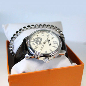 Set ceas elegant Waterproof Matteo Ferari, curea din piele ecologica si bratara asortata, One Heart, Negru/Argintiu1