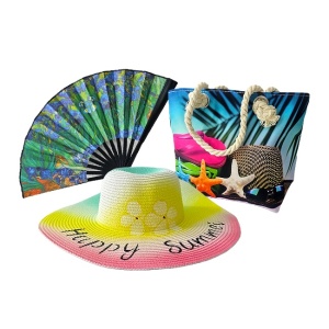 Set Summer, geanta mini pentru plaja, palarie si evantai, Iriși, Van Gogh