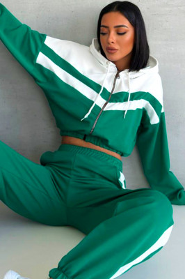 Trening bumbac Cerasela, imprimeu bicolor, bluza scurta cu fermoar si pantaloni, Verde 2