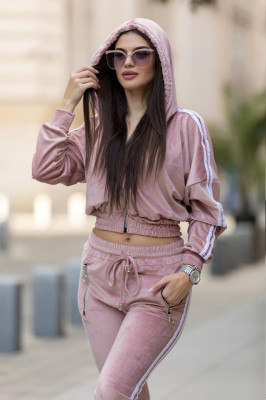Trening de catifea Venus, bluza cu gluga si pantaloni cu banda elastica, Rose, Marime S/M 2