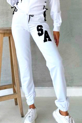 Trening Sport Action, pantaloni si bluza cu gluga si legare laterala cu snur, Alb 3