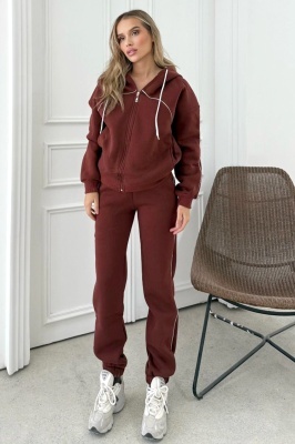Trening vatuit, cu gluga, Zarah, bluza cu fermoar si pantaloni, Maro