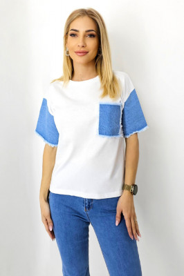 Tricou bumbac Kriss, cu doua texturi, denim la maneci si buzunar practic cu franjuri 2