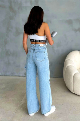 Blugi baggy DOHA, cu perforatii multiple, ample si aspect prespalat, Albastru de gheata spate