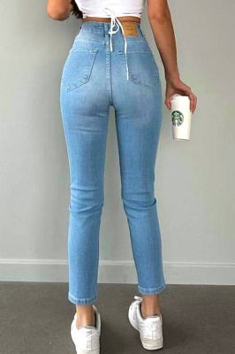 Blugi boyfriend Guasave, cu textura elastica si perforatii, Albastru zapada spate