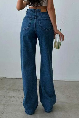Blugi dama croi wide leg, Frisco, si decupaje cu fermoar, Albastru denim spate