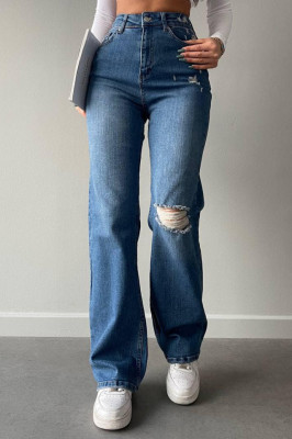 Blugi mom fit Jadore, cu aspect evazat, textura elastica si perforatii decorative asimetrice, Albastru denim1