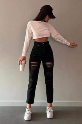 Blugi mom fit Stranger, cu talie inalta, perforatii frontale, buzunare si croiala regular fit, Negru2
