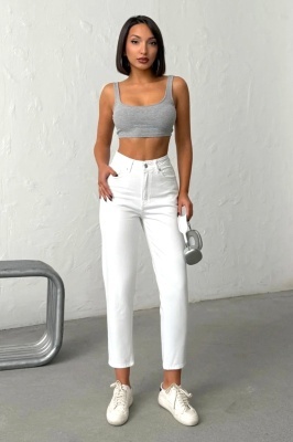 jeans dama albi cu buzunare decorate