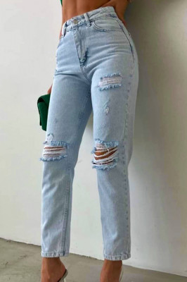 Blugi mom slimfit UzbeK, cu perforatii pe linia piciorului si talie inalta, Albastru zapada 1