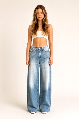 Blugi prespalati de dama Firenze, croi balloon si buzunare, Albastru denim