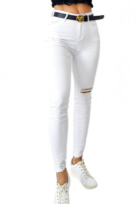 Blugi skinny DARY, cu talie inalta, curea si perforatii pe linia piciorului, Alb