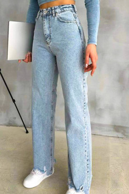 Blugi wide leg Yukatan, cu tiv perforat si aspect prespalat, Albastru zapada 1