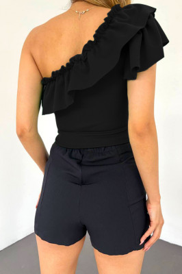 Bluza asimetrica Elara, cu umarul gol si volan oversize, Negru2
