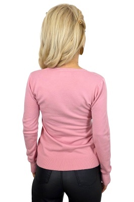 Bluza cu bumbac si lana, TERA, cu maneca lunga si accesoriu metalic, Roz prafuit, Marime universala detaliu spate