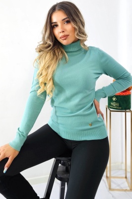 Bluza cu casmir si lana, PATY Roll, guler inalt si accesoriu inima, Verde glaciar, Marime universala
