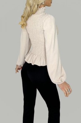 Bluza eleganta Cadence, cu tesatura vaporoasa, guler cu volanase si fronseuri, Crem, Masura universala S/M3