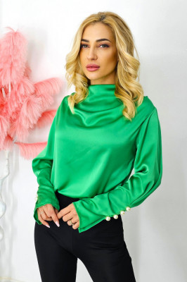 Bluza eleganta Tasha, cu maneca lunga evazata, falduri la umeri si butoni decorativi tip perla, Marime universala 3