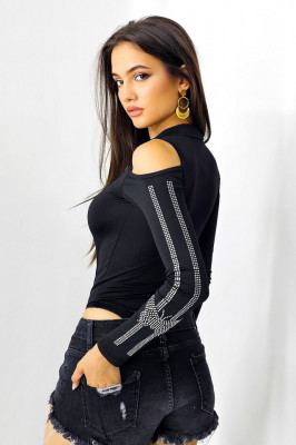 Bluza tip body FlyMex, cu aplicatii decorative si guler tunica, Negru 3