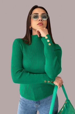 Bluza tricot Hella, cu guler inalt, striatii si detalii metalice, Verde
