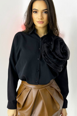 Camasa bumbac Organza Sweet, cu accesoriu floral oversize, detasabil, Negru, Marime S/M 3
