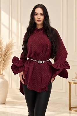 Camasa cu volane si cristale Sugar BLINK, lungime asimetrica, Visiniu, Marime S/M/L