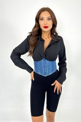 Camasa denim FABYA, nasturi si inchidere cu snur la spate, Negru