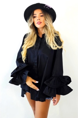 Camasa eleganta Sugar LoLLy, maneci cu volane si croi supradimensionat, Negru, Marime S/M/L 1
