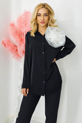 Camasa office Alizee, cu accesoriu floral din organza, Negru/Alb, Marime S/M 6