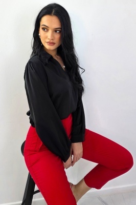 Camasa office, dama ORELIA, cu lantic detasabil si perla, Negru, Marime S/M