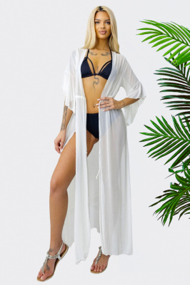 Cardigan de plaja LEXA, cu maneca evazata si snur in talie, Alb