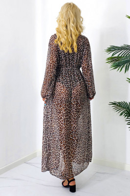 Cardigan lung de plaja Innes, cu maneca lunga si snur, animal print, Bej, Marime S/M/L4
