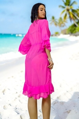 Rochie midi de plaja Amber Muse, cu volane feminine si snur reglabil, Fucsia detaliu spate