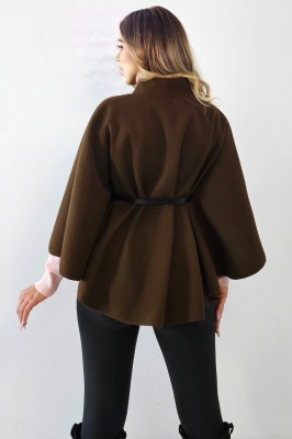 Cardigan tip poncho Amalia, curea inclusa si croi evazat, Maro, Marime S/M/L poze spate